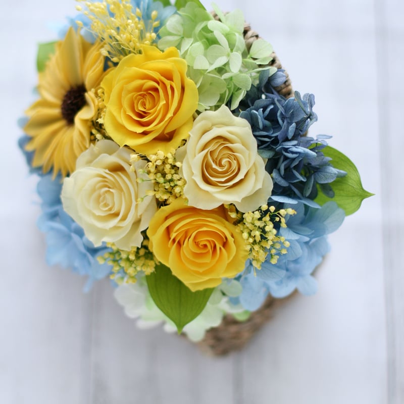 オーダーメイド】プリザーブドフラワー／バスケット（イエロー＆ブルー