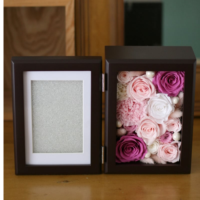 オーダーメイド】プリザーブドフラワー／フォトフレームこげ茶（ピンク