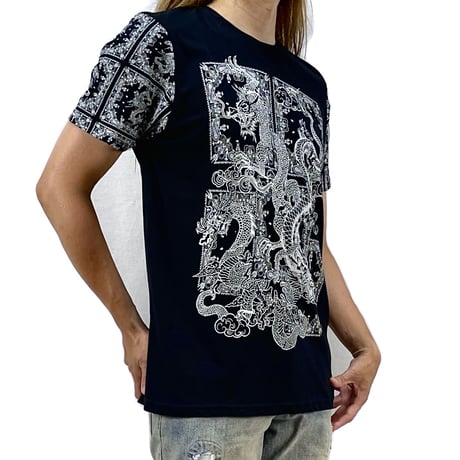 BRAVE SOUL ブレイブソウル ペイズリー パネル バンダナ柄 東洋 オリエンタル ドラゴン 龍 モノトーン Tシャツ UKストリート Mサイズ