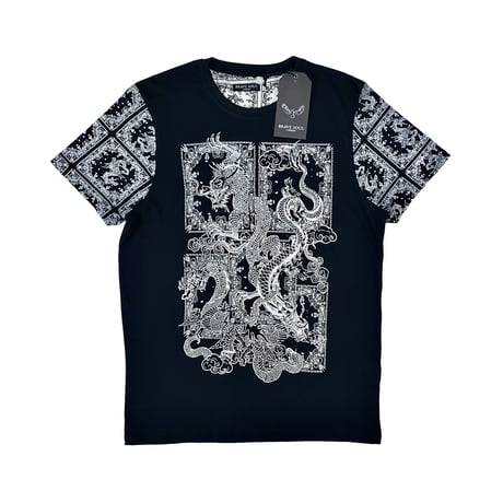 BRAVE SOUL ブレイブソウル ペイズリー パネル バンダナ柄 東洋 オリエンタル ドラゴン 龍 モノトーン Tシャツ UKストリート Mサイズ