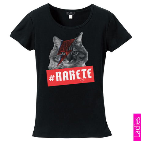 RARETE (ラルテ) 猫 デビットボウイ イナズマ Tシャツ ブラック 星柄 star (レディース）