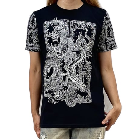 BRAVE SOUL ブレイブソウル ペイズリー パネル バンダナ柄 東洋 オリエンタル ドラゴン 龍 モノトーン Tシャツ UKストリート Mサイズ