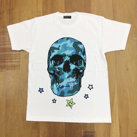 RARETE (ラルテ) 入手困難 ドクロ スカル 迷彩 ブルー Tシャツ ホワイト 星柄 star