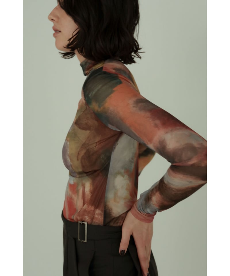 Abstract Painting Print Sheer High Neck Top（ls3