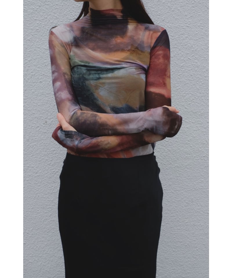 Abstract Painting Print Sheer High Neck Top（ls3