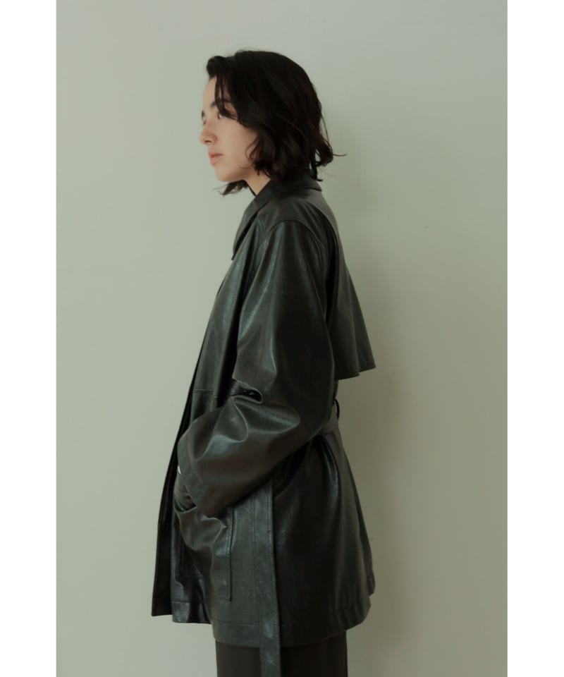 vegan leather belted long jacket