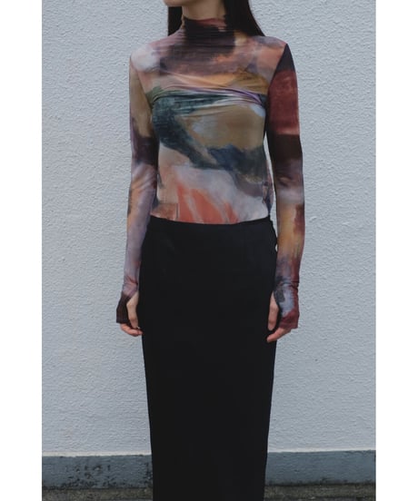 Abstract Painting Print Sheer High Neck Top（ls34390T）