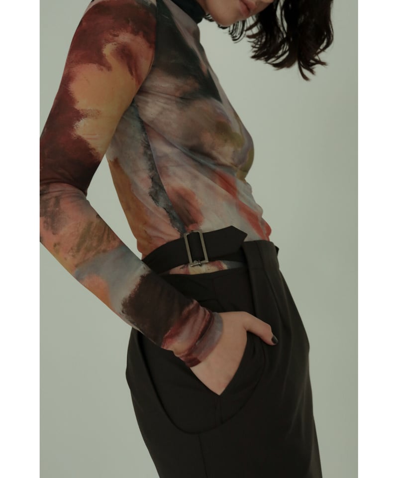 Abstract Painting Print Sheer High Neck Top（ls3