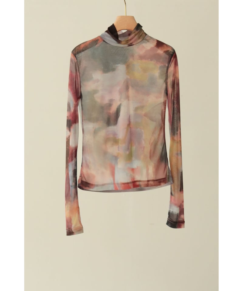Abstract Painting Print Sheer High Neck Top（ls3