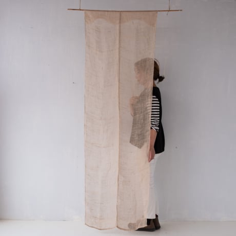 やさしい生成り色の蚊帳リネン古布 200×66cm/st.1205 ◎