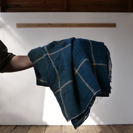 古布 白格子柄 linen×indigo　170×118 /st.594