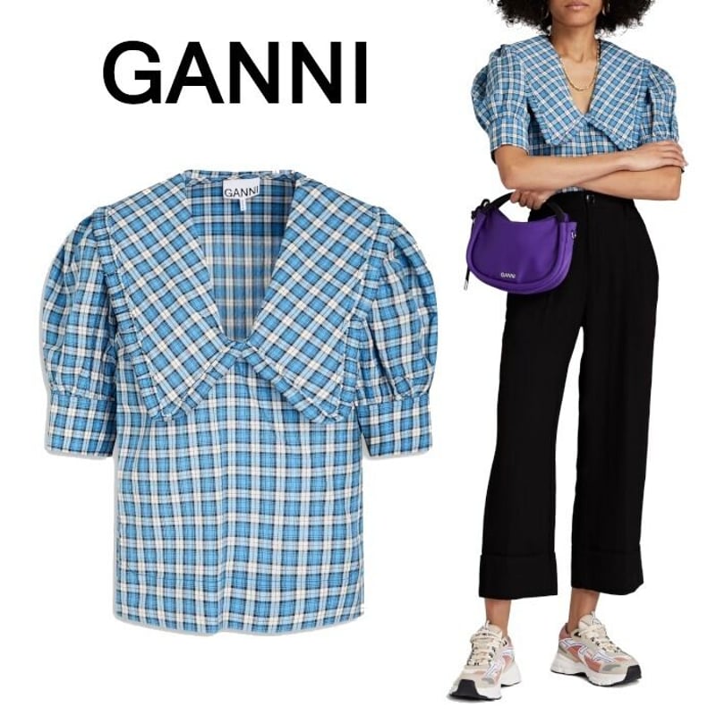 GANNI ガニー ビッグカラー チェック ブラウス | RUNWAY NY