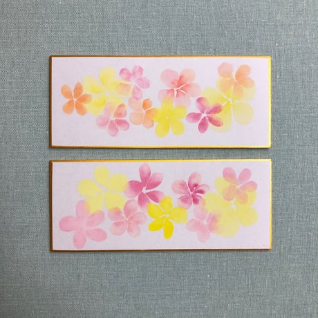 受注制作　横長ミニ色紙セット　花柄　手作り台座、手書きのメッセージカードと手書きの紙袋付き