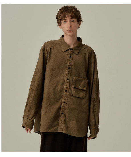 【ANCELLM（アンセルム）】L/C NEP FLOWER EMBROIDERY OVER SHIRT -BROWN