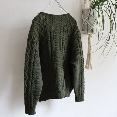COLLARLESS TYROLEAN CABLE KNIT WOOL CARDIGAN