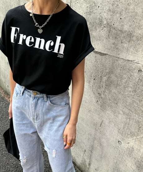 ロールアップフレンチスリーブロゴTシャツ(ブラック)