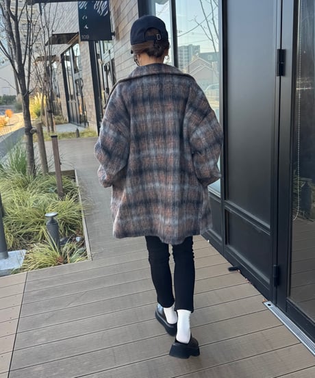 チェック柄シャギースタンドカラーコート
