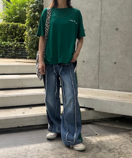 異素材切り替えサイドラインデニムパンツ