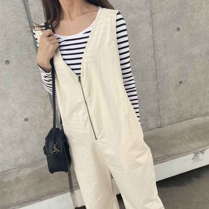 フロントジップワイドサロペット(ライトベージュ） | COPINE