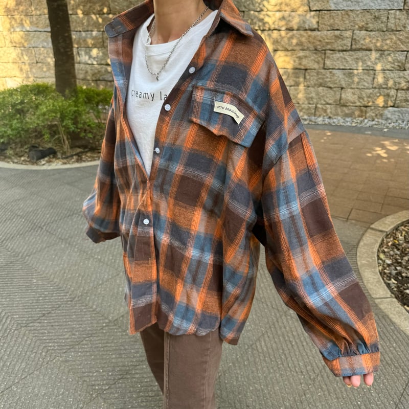 オーバーサイズチェック柄シャツ(ブラウン) | COPINE オーバーサイズチェック柄シャツ(ブラウン) | COPINE
