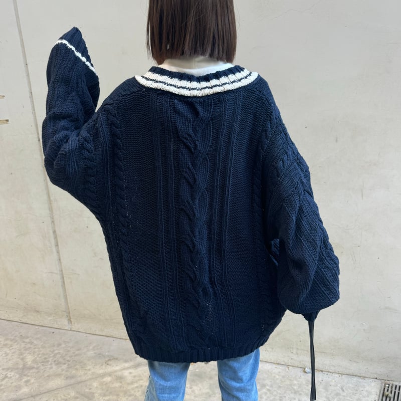 【ビッグサイズ】エフシーイー／チルデンニットベスト　リブライン　ネイビー　無地 ニットベスト メンズ Vネック チルデンニット ライン ルーズ