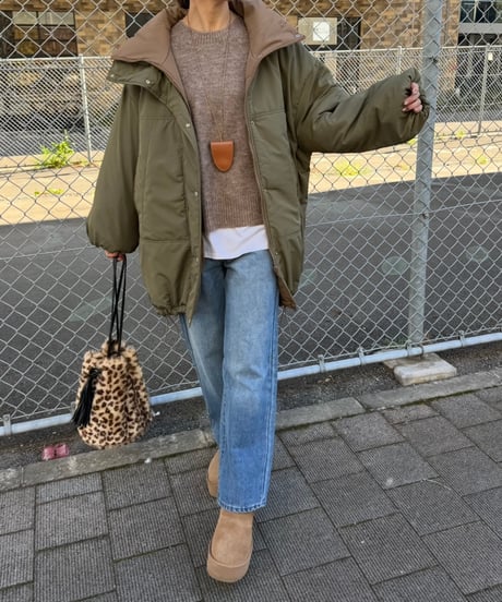 リバーシブル中綿モンスターコート(カーキ×モカ)