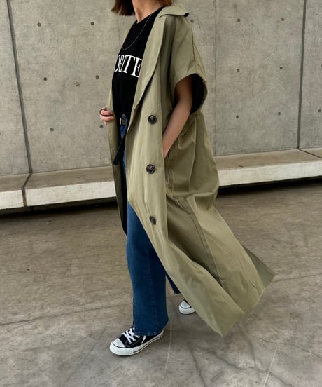 ギャバ袖2WAYロングコート(カーキ)