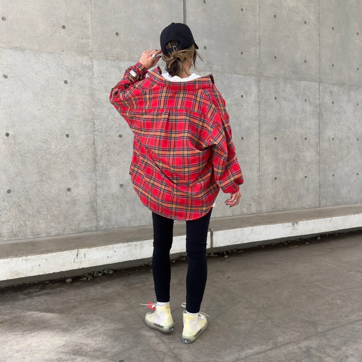 未使用　SHAREEF モール生地　ビッグシルエットシャツ　レッド ビッグシルエットチェック柄シャツ | COPINE