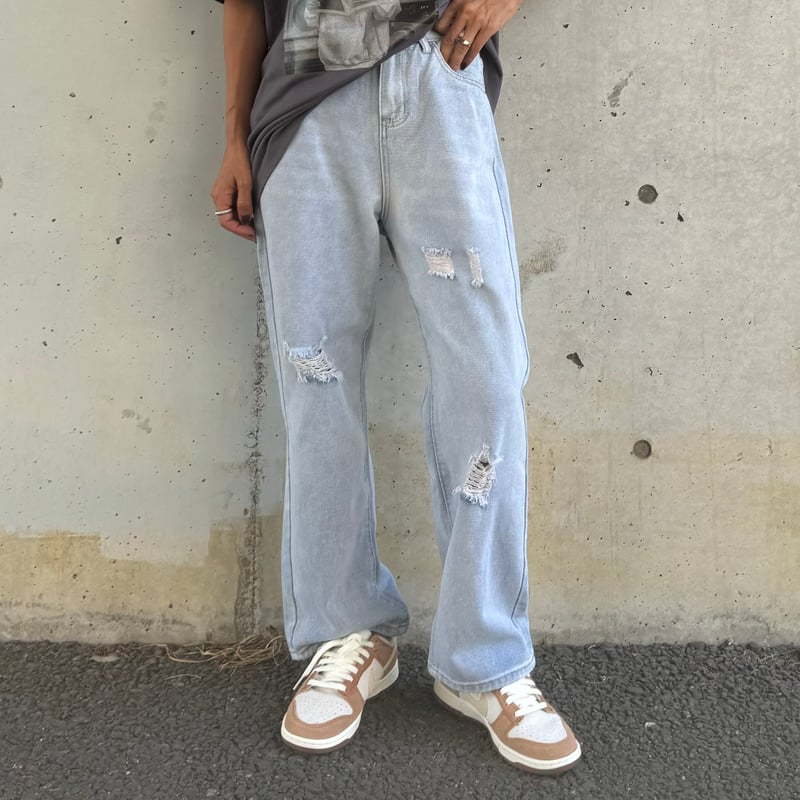 TREEMINGBIRD ホワイト ダメージ加工 ワイドパンツ ホワイト ダメージ加工 ワイドパンツ TREEMINGBIRD ホワイト ダメージ