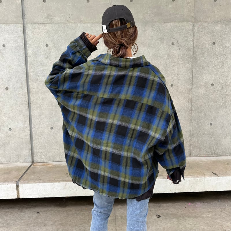 オーバーサイズチェック柄シャツ(ブルー) | COPINE オーバーサイズチェック柄シャツ(ブルー) | COPINE