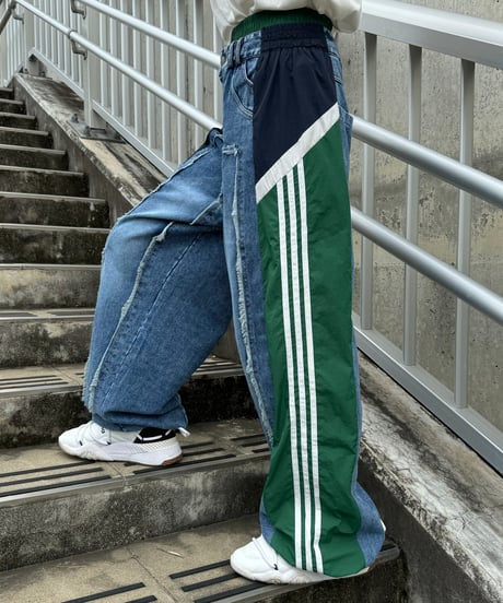 異素材切り替えサイドラインデニムパンツ