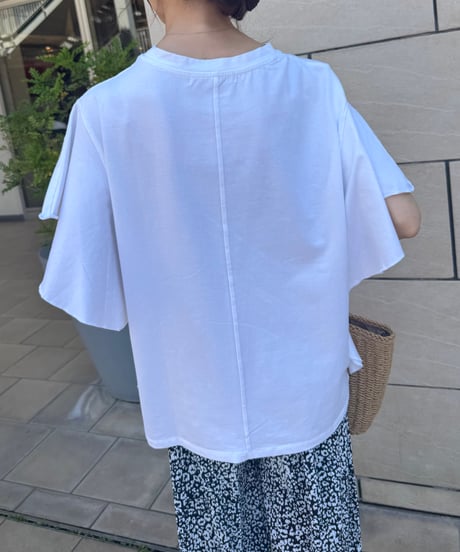 袖フリルロゴプリントTシャツ(ホワイト)
