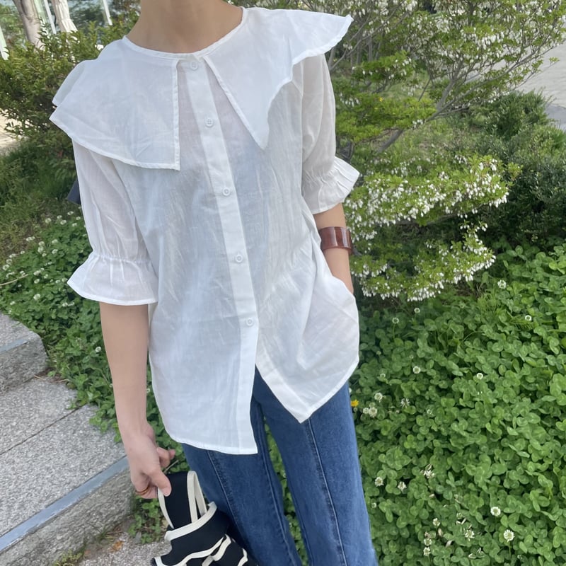 未使用美品 水色 pot and tea ビッグカラーブラウス