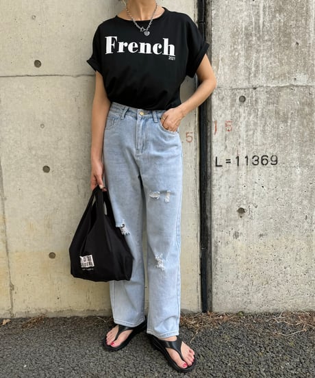 ロールアップフレンチスリーブロゴTシャツ(ブラック)