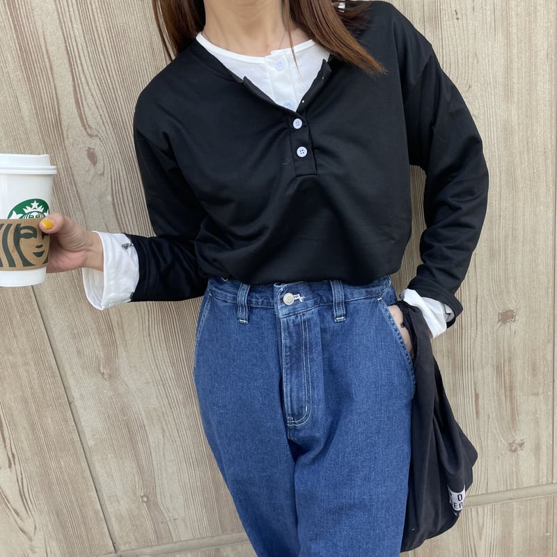 【美品 リネン100%】キャピタル ヘンリーネック　カットソー　ベルト　y2k 在庫限り】レイヤード風ヘンリーネックカットソー(ブラック