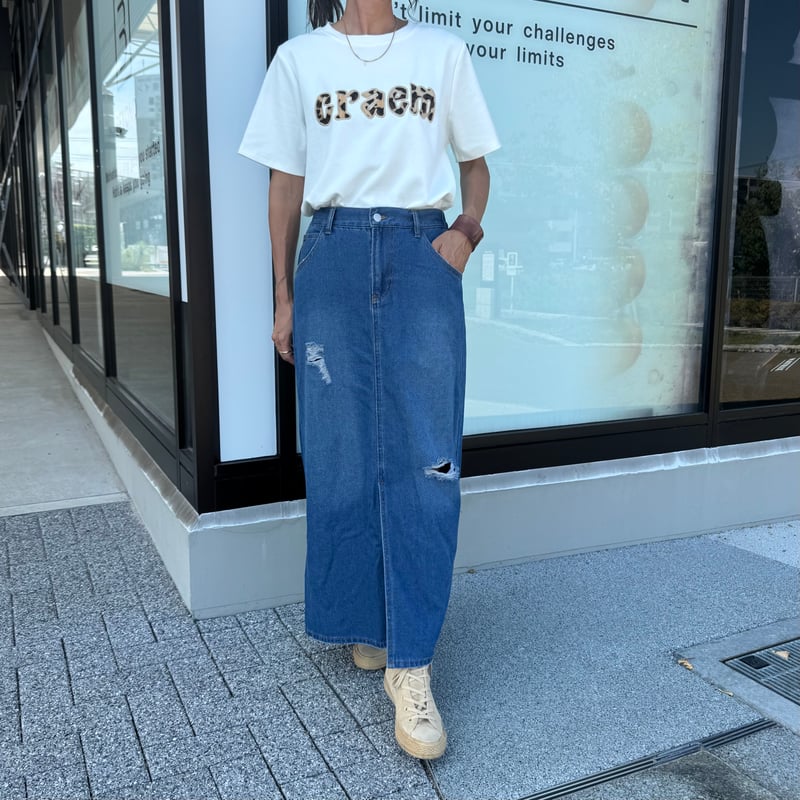 未使用タグ付L'Appartement:Feminityスカート ブルー 34 ダメージデニムロングスカート | COPINE