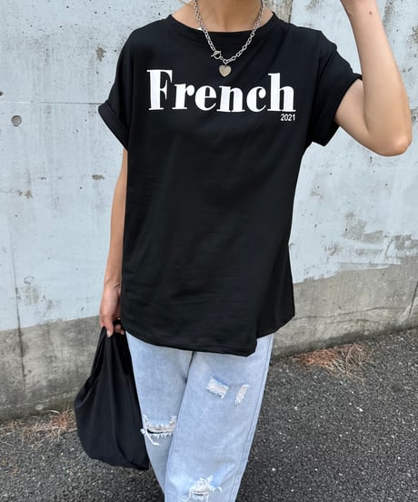 ロールアップフレンチスリーブロゴTシャツ(ブラック)