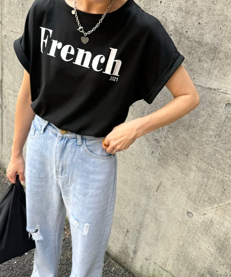 ロールアップフレンチスリーブロゴTシャツ(ブラック)