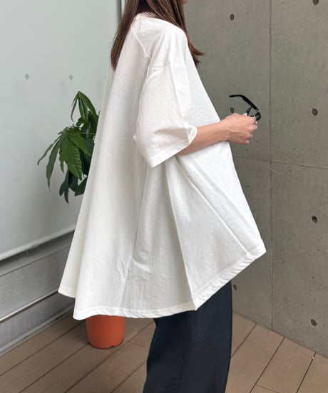 接触冷感裾フレア5分袖Tシャツ(ホワイト)