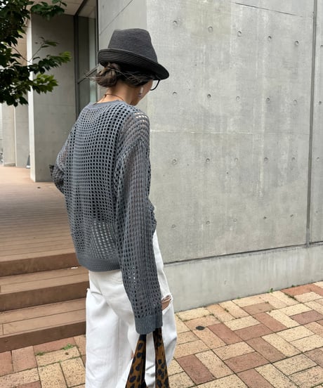 メッシュ編みニットトップス(グレー)
