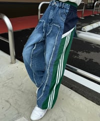 異素材切り替えサイドラインデニムパンツ