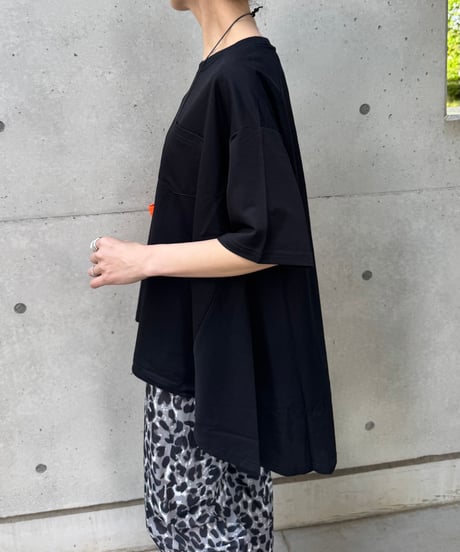 接触冷感裾フレア5分袖Tシャツ(ブラック)