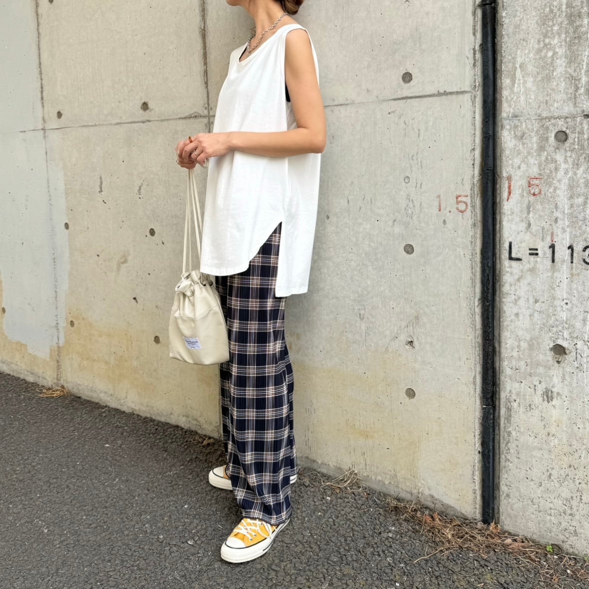 チェック柄プリーツパンツ(ネイビー) | COPINE