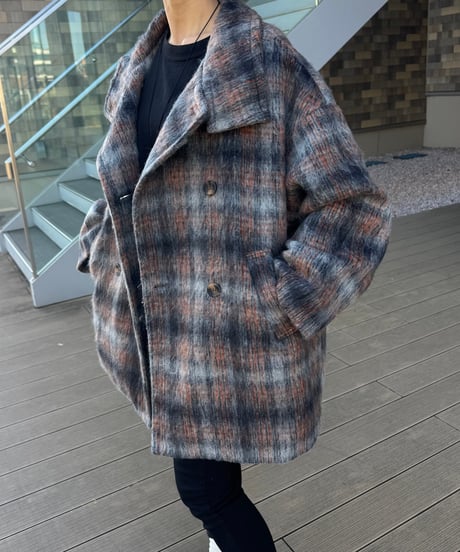 チェック柄シャギースタンドカラーコート