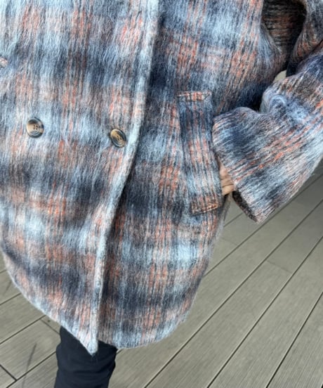チェック柄シャギースタンドカラーコート