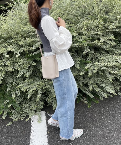 ボリューム袖ニットドッキングシャツ(グレー）