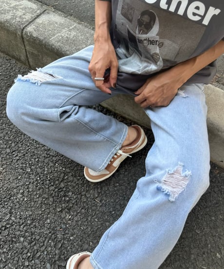 ダメージ加工ワイドデニムパンツ