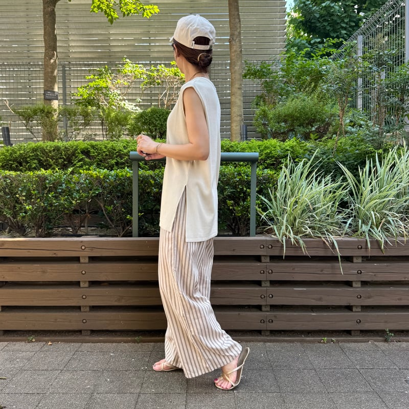 ベージュ ワイドパンツ　（BASIC AND ACCENT） ストライプワイドパンツ(ベージュ) | COPINE