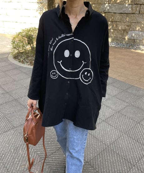 刺繍ニコちゃんオーバーサイズシャツ(ブラック）