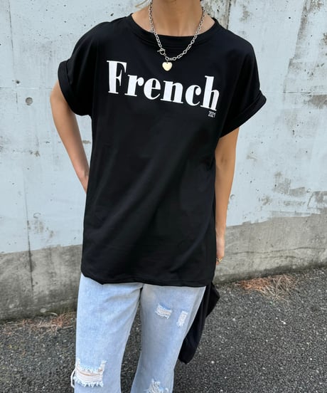 ロールアップフレンチスリーブロゴTシャツ(ブラック)
